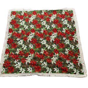 Tablecloth Braided Fringe 46x52 Holiday Handmade Poinsettia Christmas Cotton Vtg